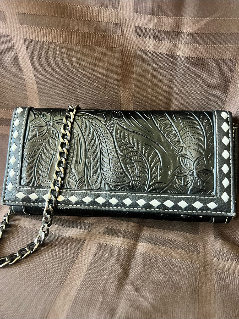 Vintage Western Black Hand-Tooled Genuine Leather Wallet/Clutch Purse